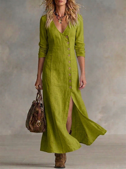 Robe décontractée boutonnée en lin et coton