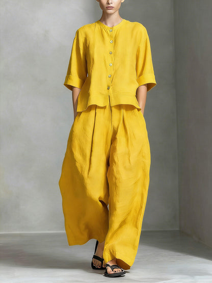 Women's Solid Color Round Neck 3/4 Sleeve Casual Loose Cotton Linen Top And High Waist Wide-leg Pants Cotton Linen Set