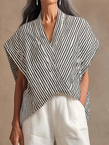 Artistic Cut Striped Top And Wide-leg Pants Linen Two-piece Set