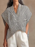 Artistic Cut Striped Top And Wide-leg Pants Linen Two-piece Set