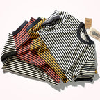 Vintage Double Yarn Pure Cotton Round Neck Striped Short-Sleeved T-Shirt