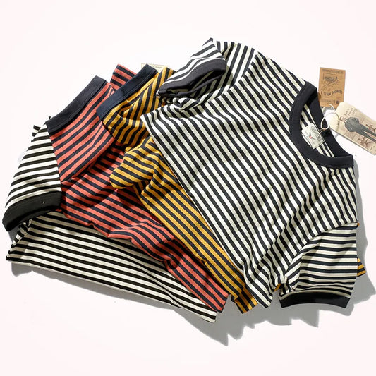 Vintage Double Yarn Pure Cotton Round Neck Striped Short-Sleeved T-Shirt