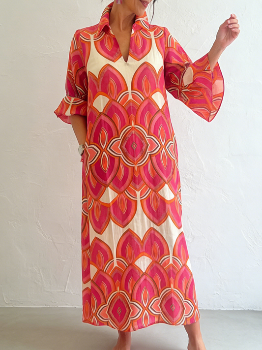 Robe ample en lin et coton à col montant et imprimé floral rétro