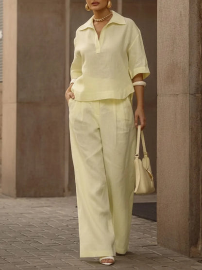 Conjunto de dos piezas de camisa de lino y algodón casual de mujer y pantalones de pierna ancha
