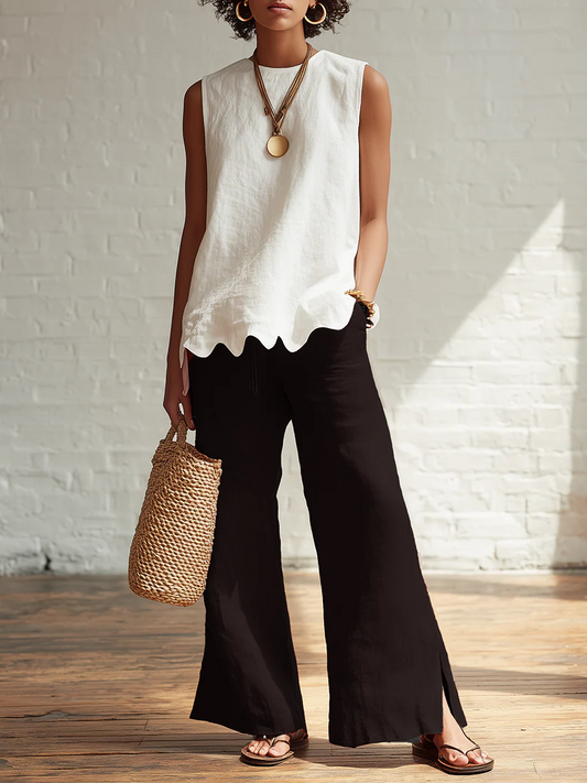 Ensemble deux pièces chemise et pantalon élégant, minimaliste, à ourlet ondulé