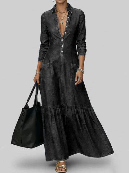 Women's Shirt Collar Long-sleeved Loose A-line Denim Dress