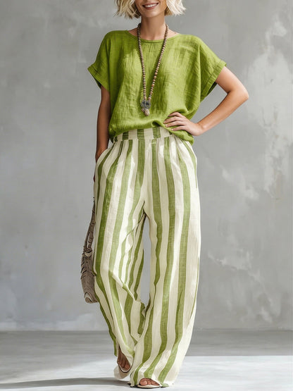 Cozy Loose-fit Striped Cotton-linen Two-piece Set
