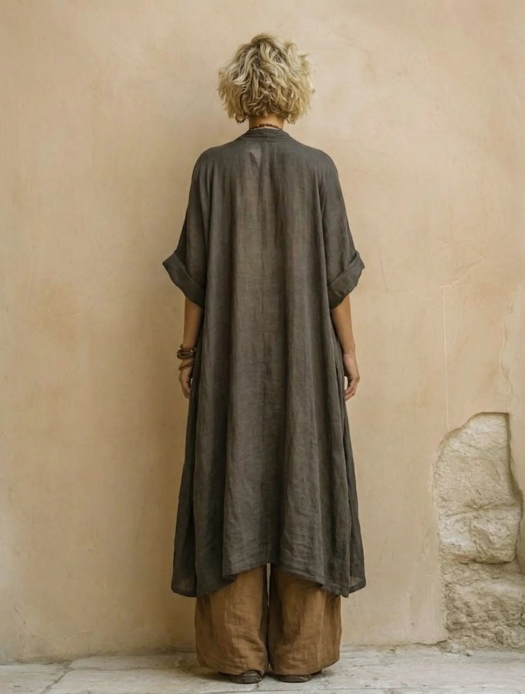 Casual Bohemian Linen And Cotton Long Cardigan And Sleeveless Top And Pants Three-piece Set