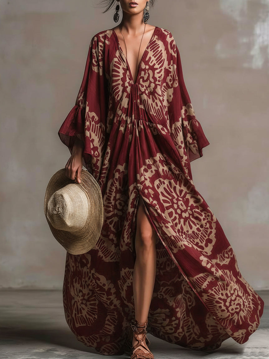 Retro V-neck Floral Print Vacation Maxi Dress