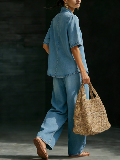 Conjunto de top de manga corta y jeans de pernera ancha, estilo minimalista y acogedor