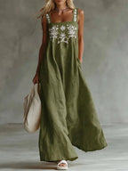 Casual Bohemian Floral-print Cotton-linen Dress