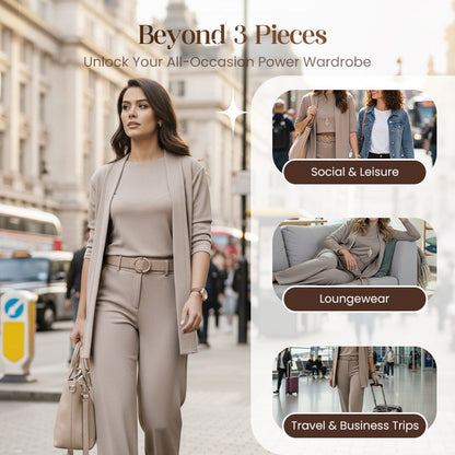 Elegante conjunto de 3 piezas que incluye cárdigan largo, top y pantalón