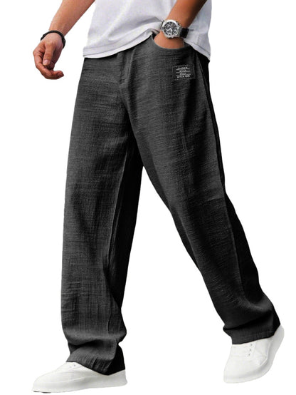 Men's Casual Hemp Fabric Embroidered Logo Drawstring Loose Elastic Waist Pocket Trousers