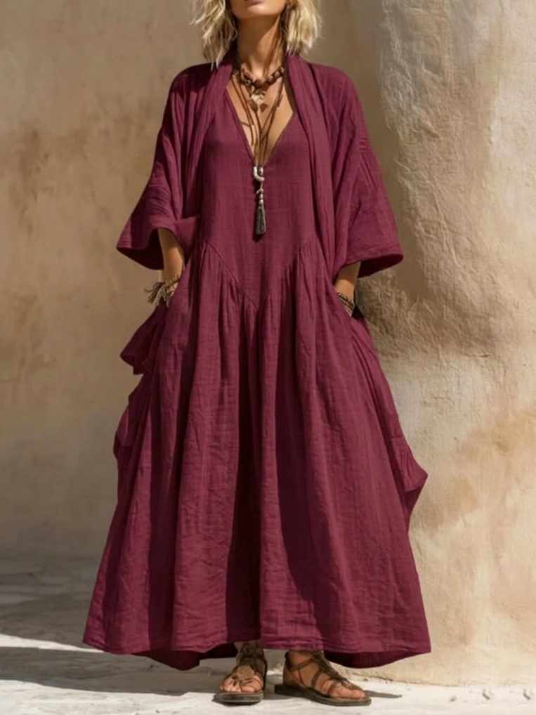 Ensemble deux pièces décontracté bohème en coton et lin : cardigan et robe