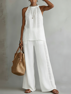 Retro Cozy Lace Top And Wide-leg Pants Linen Set