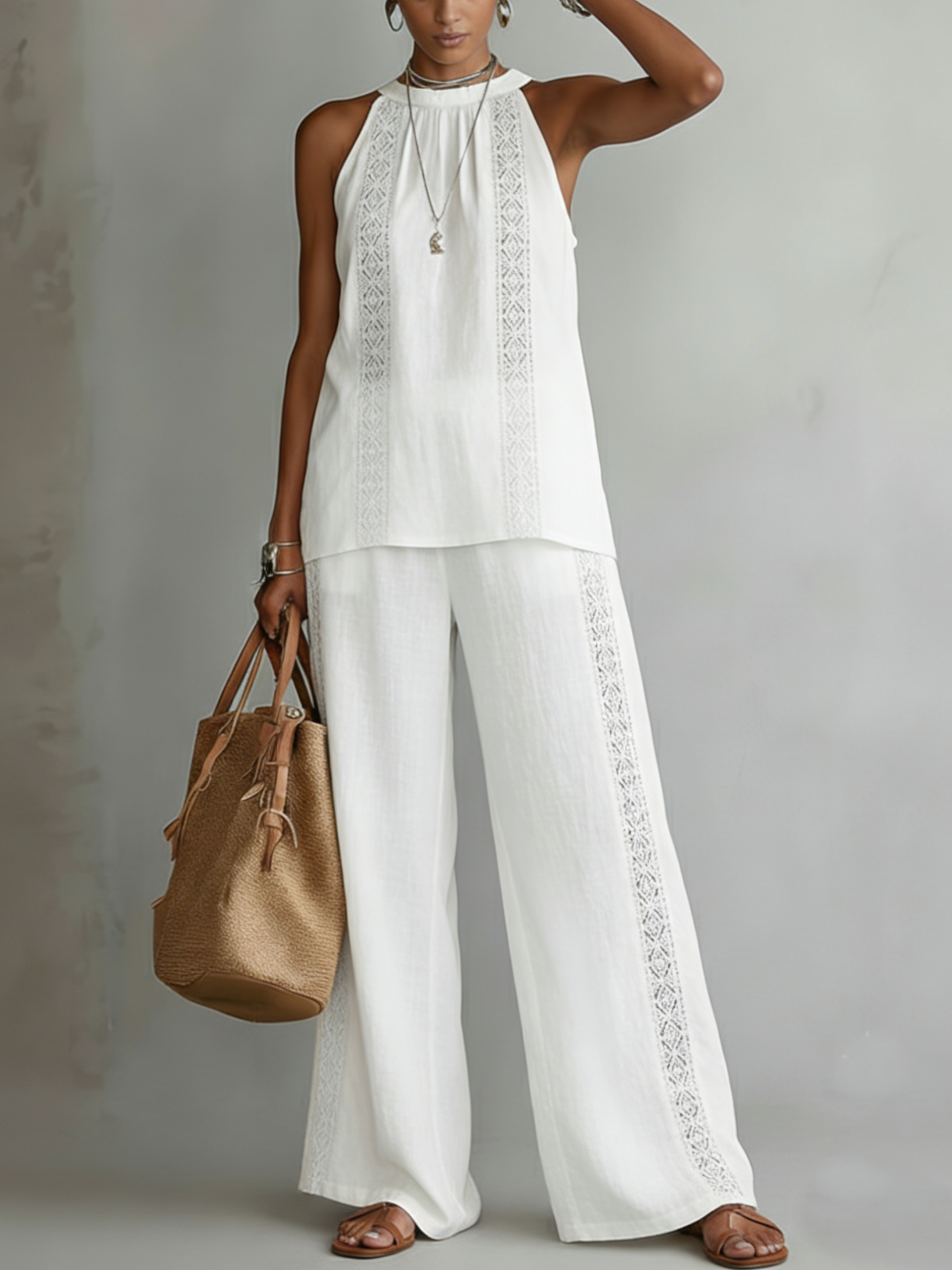 Retro Cozy Lace Top And Wide-leg Pants Linen Set