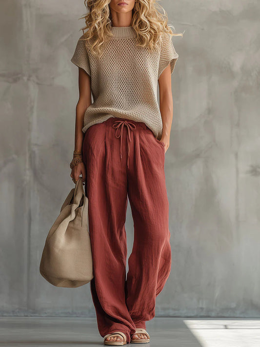 Conjunto de dos piezas de top suéter casual de punto y pantalón de lino-algodón