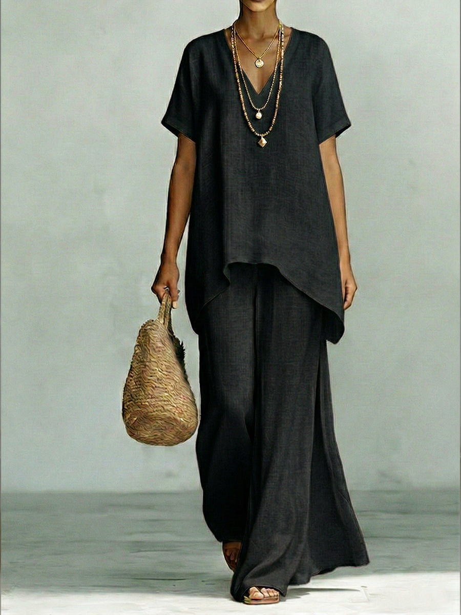 Classic Casual Short-sleeved Linen And Cotton Top And Wide-leg Pants Two-piece Set