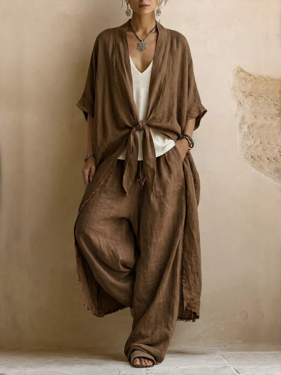 Conjunto de dos piezas de lino y algodón estilo bohemio: cárdigan largo y pantalón