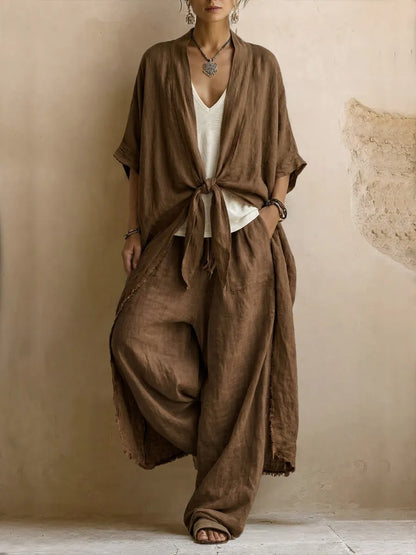 Conjunto de dos piezas de lino y algodón estilo bohemio: cárdigan largo y pantalón