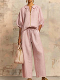 Stylish Peter Pan Collar Zip-up Shirt And Wide-leg Pant Linen Cotton Set