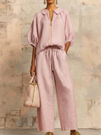 Stylish Peter Pan Collar Zip-up Shirt And Wide-leg Pant Linen Cotton Set