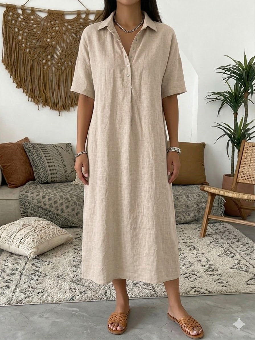 Vestido polo de algodón y lino para mujer – Vestido de verano informal de manga corta