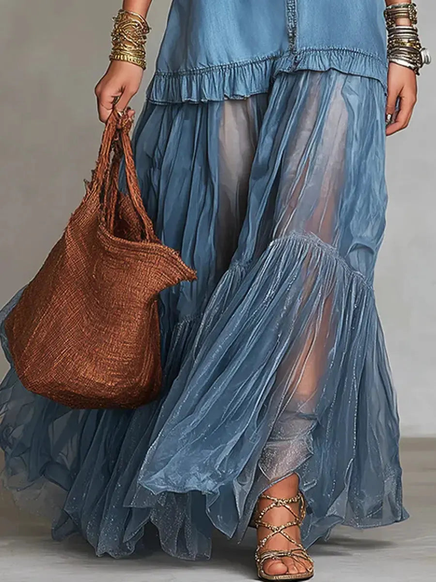 Vestido maxi informal artístico con retales de organza y mezclilla con solapa retro para mujer