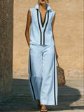 Elegant Trimmed Edge Color-blocked Cotton Linen Two-piece Set