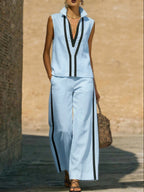 Elegant Trimmed Edge Color-blocked Cotton Linen Two-piece Set