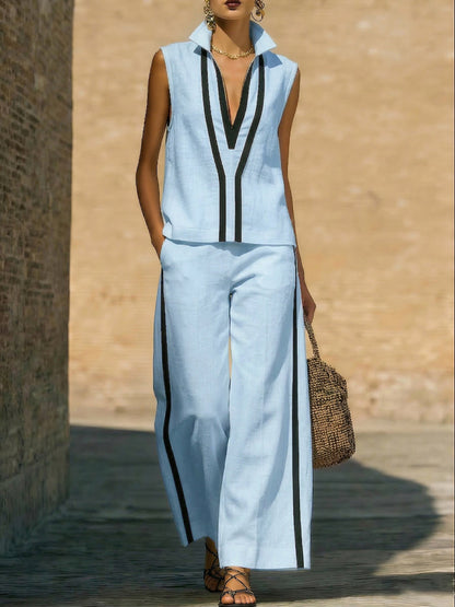 Elegant Trimmed Edge Color-blocked Cotton Linen Two-piece Set