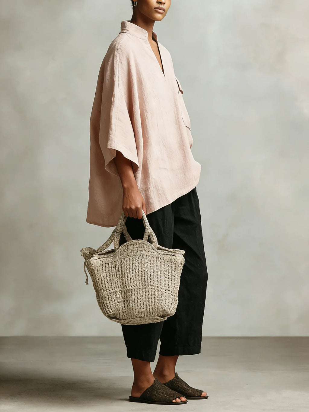 Elegant Stand-up Collar Loose Linen Cotton Two-piece Set