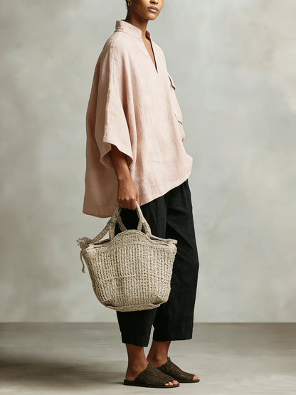 Elegant Stand-up Collar Loose Linen Cotton Two-piece Set