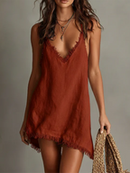 Stylish Fringe-trimmed Cotton-linen Mini Slip Dress