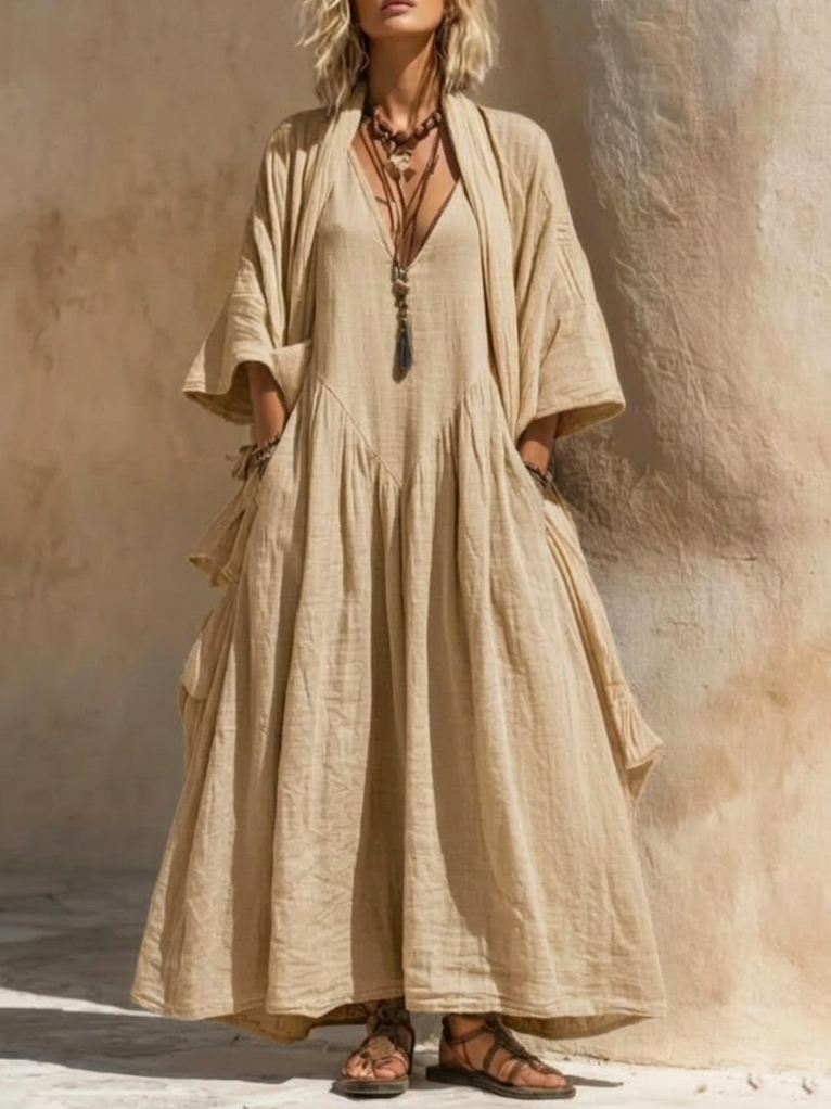 Ensemble deux pièces décontracté bohème en coton et lin : cardigan et robe