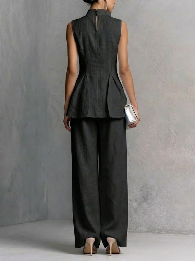 Stylish Slim-fit Sleeveless Linen And Cotton Two-piece Set