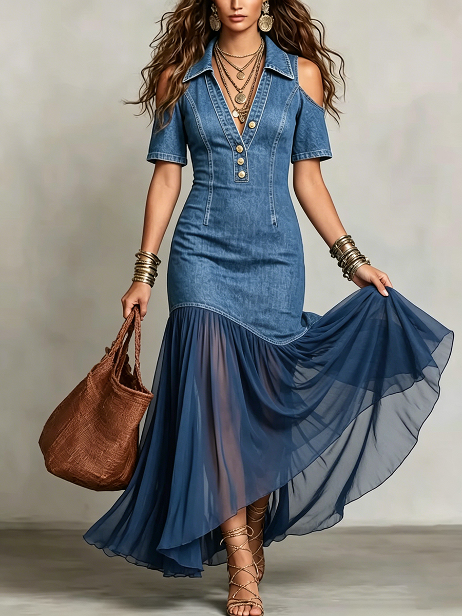 Stylish Polo-collar Denim Maxi Dress With Organza Paneling