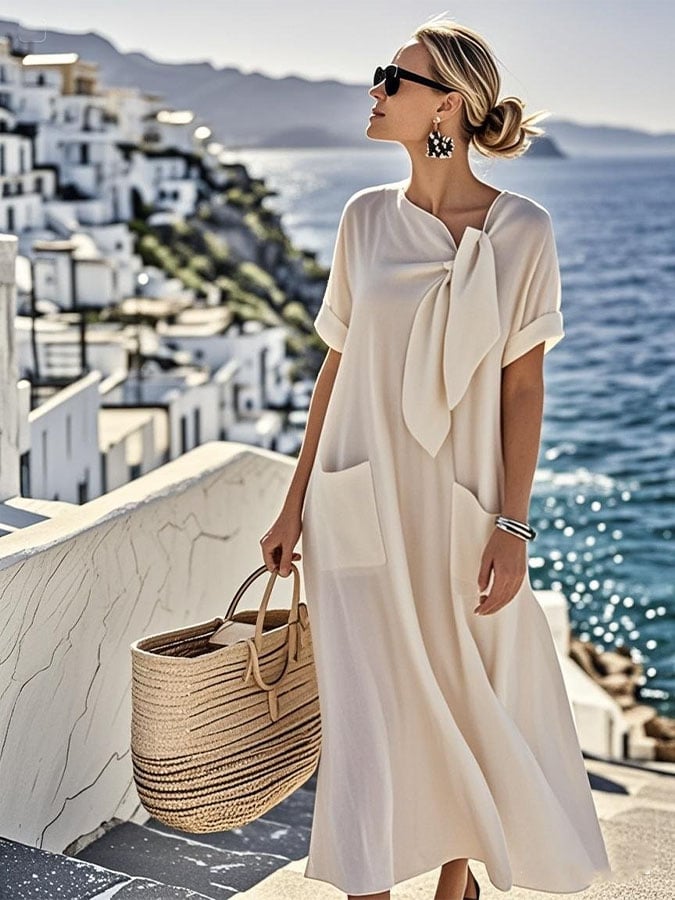 Women'S Solid Color Loose Cotton And Linen Pocket Dress