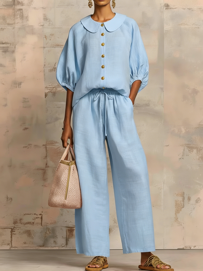Stylish Peter Pan Collar Shirt And Wide-leg Pant Linen Two-piece Set