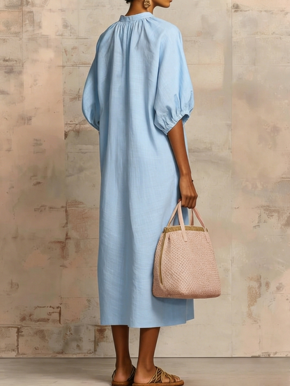 Elegante Vestido Midi Suelto de Lino y Algodón con Cremallera