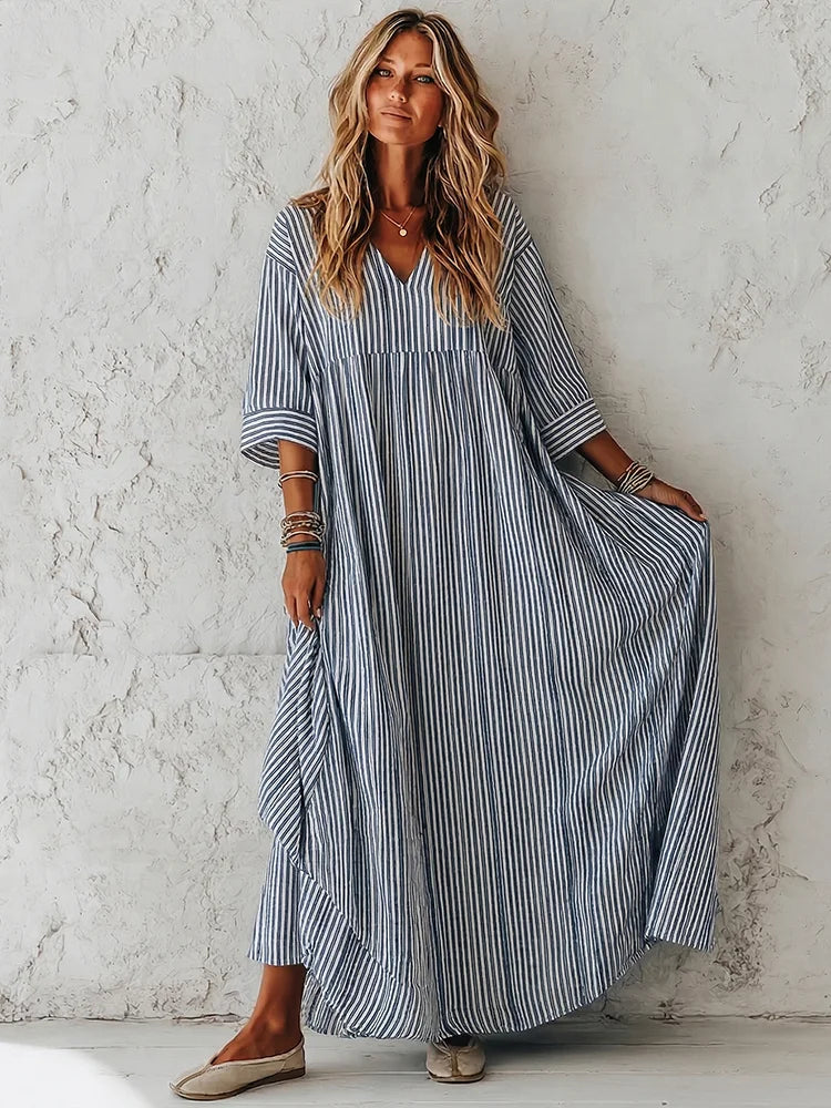 Women's Striped Casual V-neck Maxi Dress