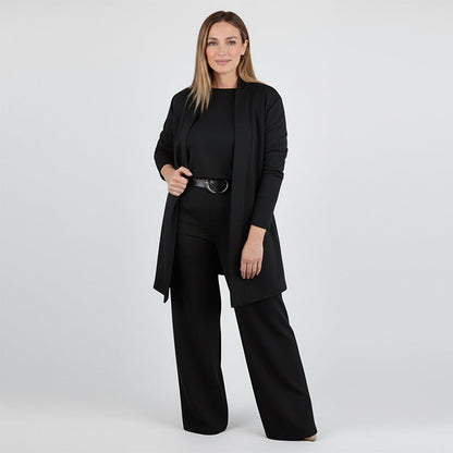 Elegante conjunto de 3 piezas que incluye cárdigan largo, top y pantalón
