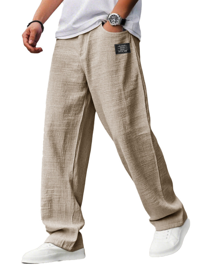 Men's Casual Hemp Fabric Embroidered Logo Drawstring Loose Elastic Waist Pocket Trousers