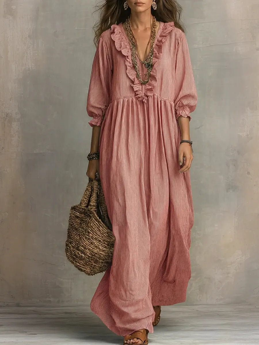 Women's Striped Art Print Casual Stylish Ruffled Vacation Maxi Dress
