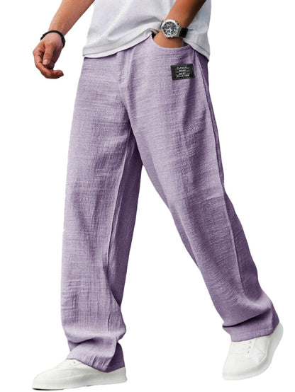Men's Casual Hemp Fabric Embroidered Logo Drawstring Loose Elastic Waist Pocket Trousers