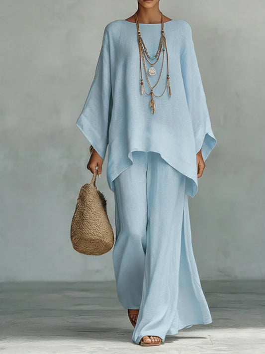 Women's Comfortable, Loose-fitting Linen And Cotton Top And Wide-leg Pants Two-piece Set.
