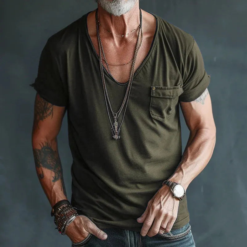 Men's V Neck Breast Pocket Short Sleeve Cargo T-Shirt