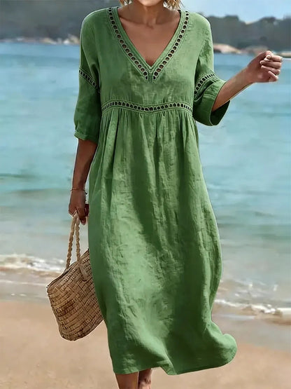 Women's Solid Color Retro Casual Stylish Vacation Cotton Dress