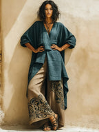 Boho Artistic Cut Long Shirt And Wide-leg Pants Cotton Linen Two-piece Set