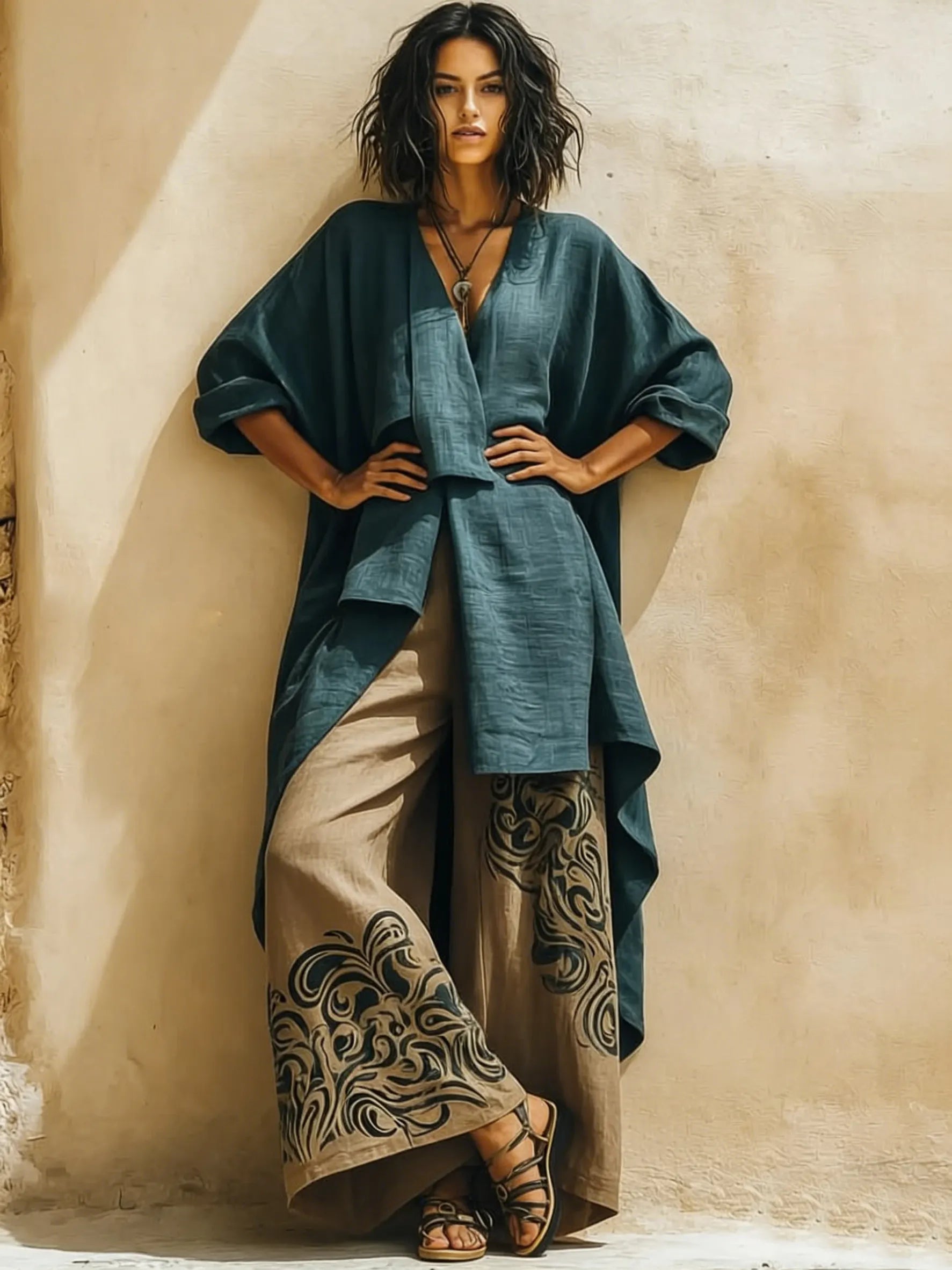 Boho Artistic Cut Long Shirt And Wide-leg Pants Cotton Linen Two-piece Set